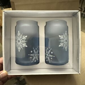 Tabletops Gallery 2 Piece BLUE Snowflake Soda Can Glass Set 16.2 Oz